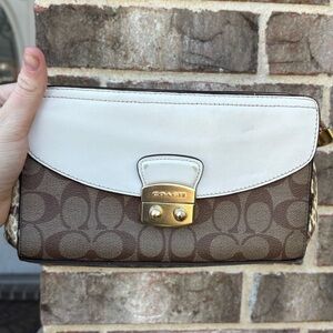 Coach Brown Signature Canvas Clutch with White Flap